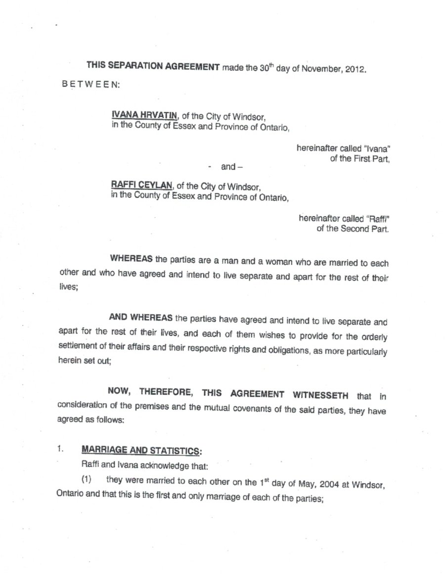 Page 1 of the 30 November 2012 Separation Agreement between Ivana Hrvatin and Raffi Ceylan
