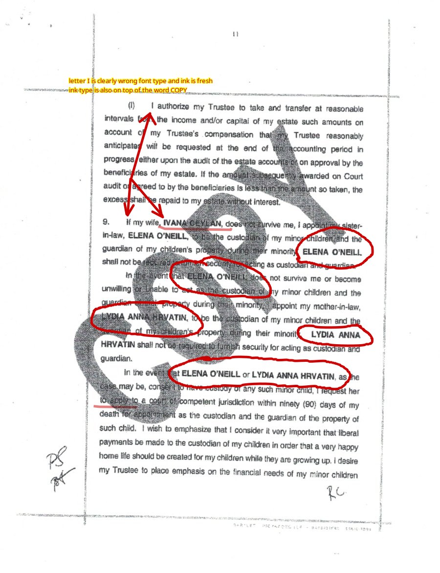 Page 11 of the forged Last Will · annotated by Francesco Longo showing the inserted name-block typed on top of the COPY watermark