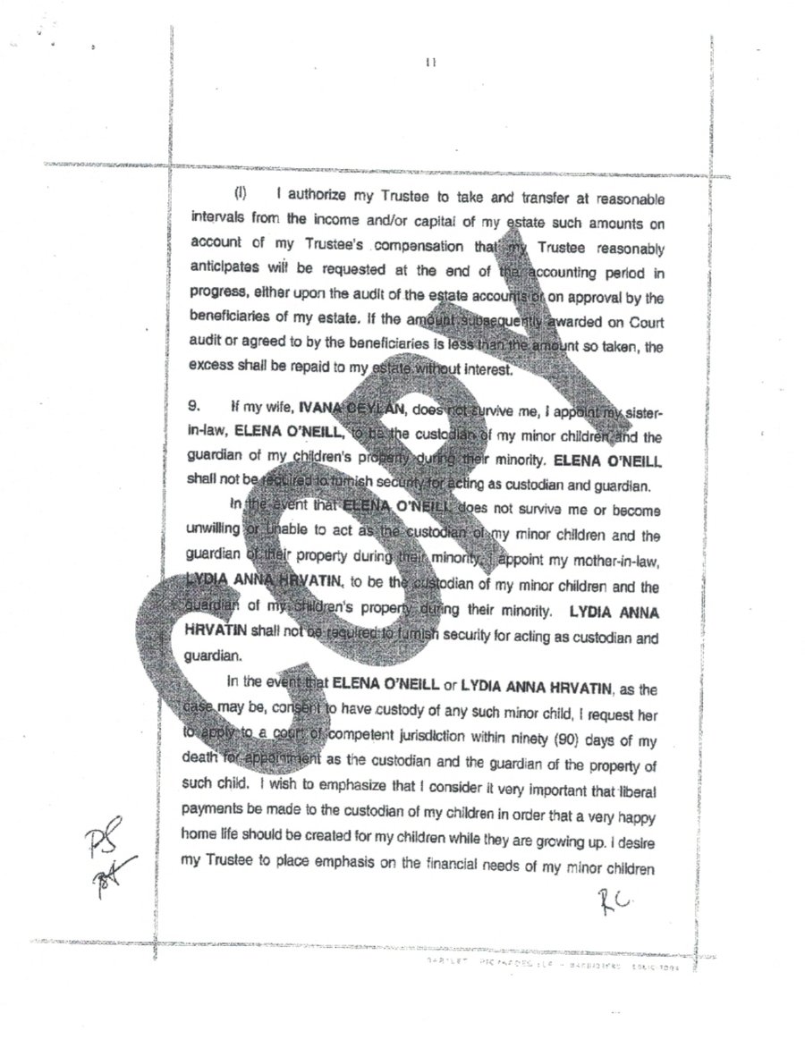 Page 11 of the purported Last Will · paragraph 9 naming IVANA CEYLAN / ELENA O'NEILL / LYDIA ANNA HRVATIN