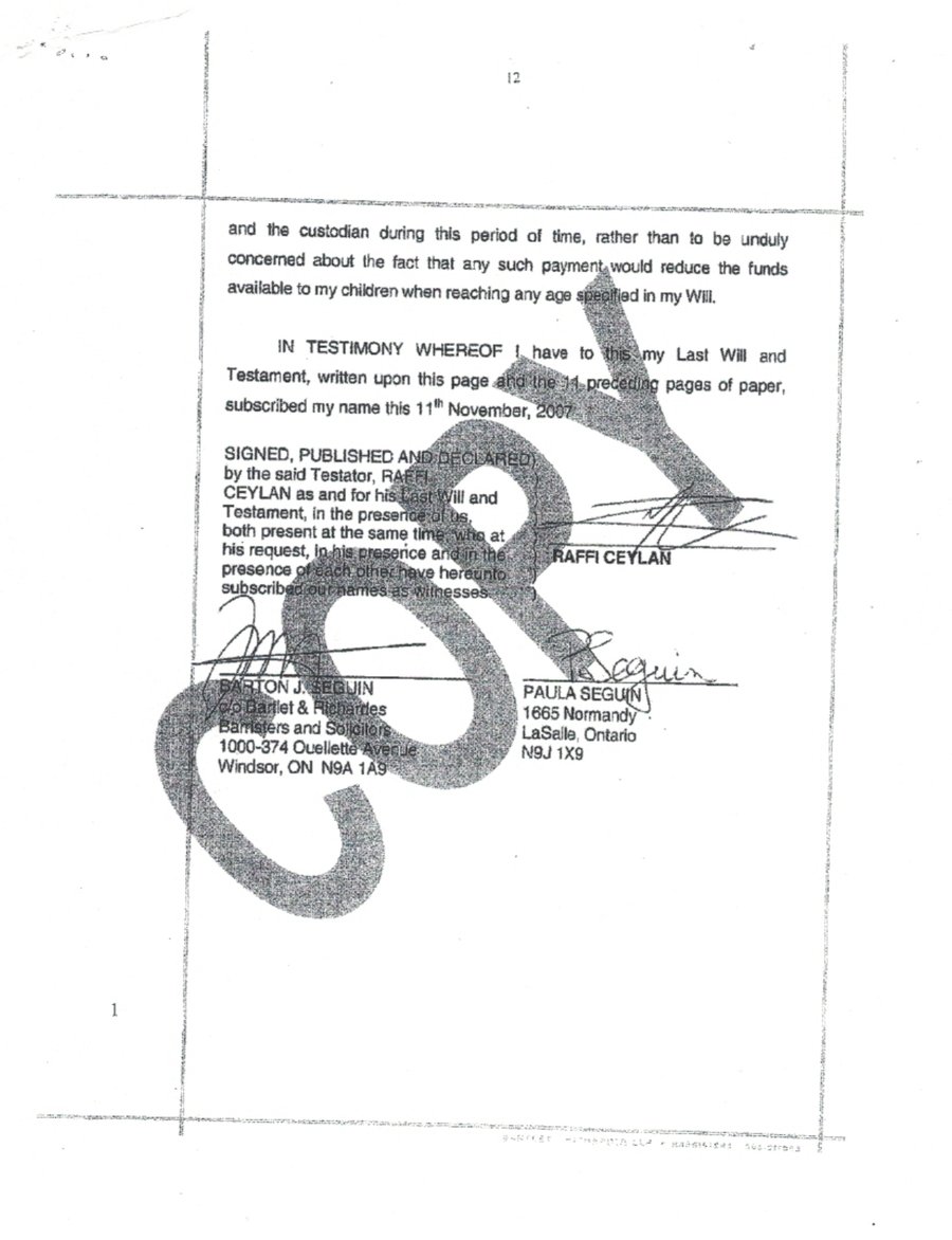 Page 12 of the purported Last Will · signature page dated 11 November 2007 with witness signatures of Barton J. Seguin and Paula Seguin